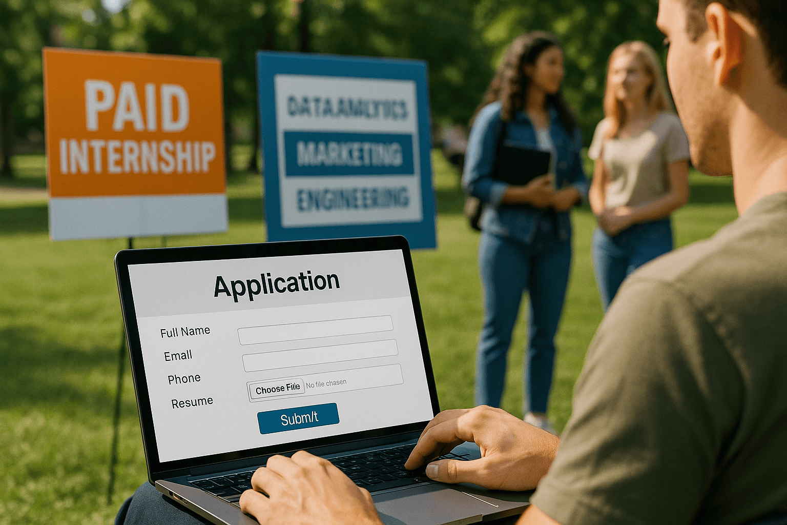 Male college university student applying to paid internships on his laptop while sitting outside on-campus