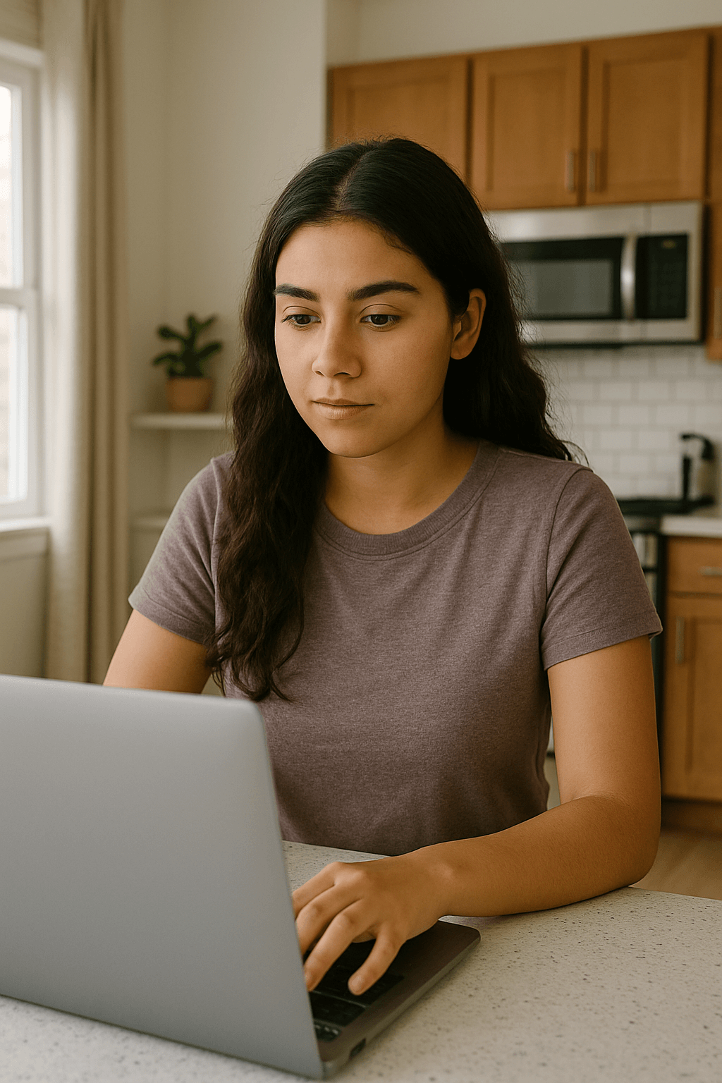 Young Hispanic woman working on laptop at a table in her kitchen to represent working from home remote work