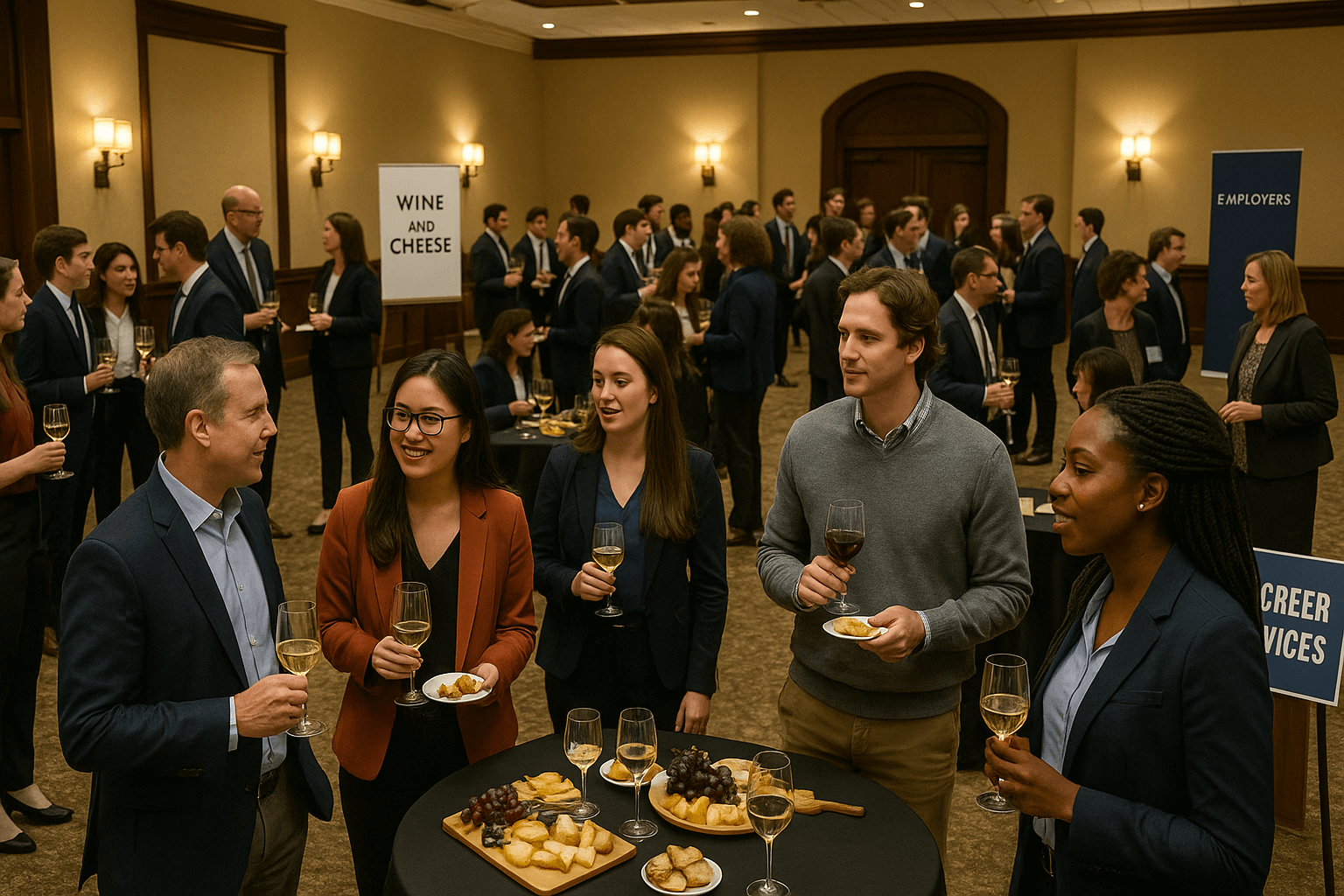 Campus networking event with employers students and career service office professionals enjoying wine and cheese