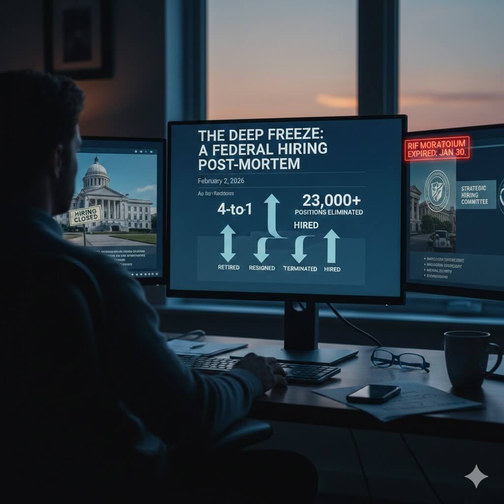 Man sitting in front of three computer monitors with one showing the U.S. Capitol and another data on the federal hiring freeze.