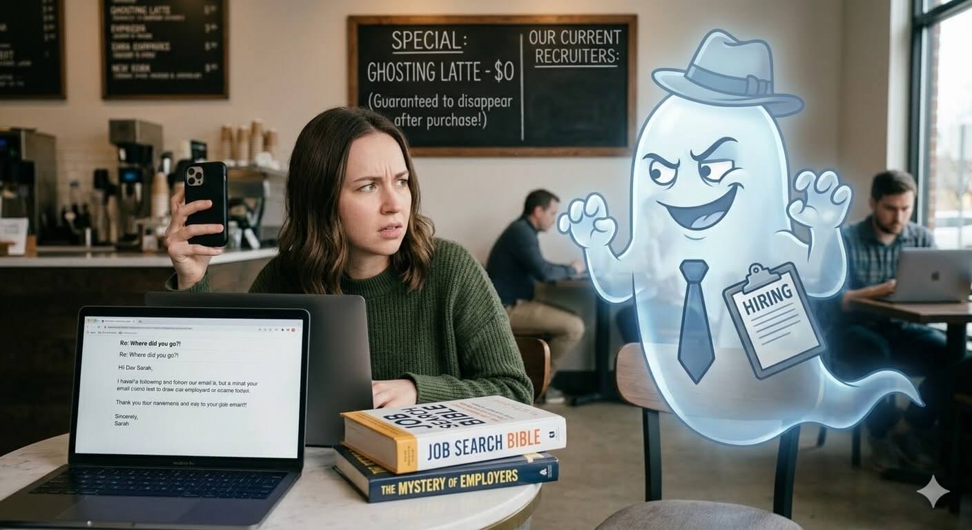 annoyed job seeker looking at ghost representing a recruiter or employer ghosting the candidate