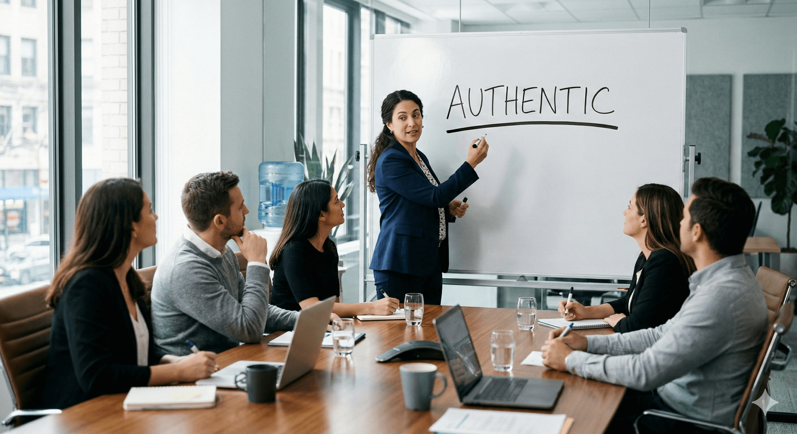 recruitment ad agency meeting with woman standing at white board writing authentic on it